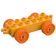 Duplo Car Base 2 × 6 with Fake Bolts, Open Hitch End and Orange Wheels Bright Light Orange