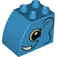 Duplo Stein 2 × 3 × 2 mit gebogener Oberseite mit Elefantengesicht mit limettengrünen Augen (bedruckt) in Dunkelazur