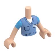Minidoll Torso Boy with Medium Blue V-Neck Shirt, Dark Blue Trim, Pocket, Zippers, ID Badge print, Light Nougat Arms and Hands Hellnougat