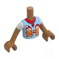 Minidoll Torso Boy with Medium Nougat Arms and Hands with Bright Light Blue Shirt, Red Collar, Gingerbread Man print Mittelnougat