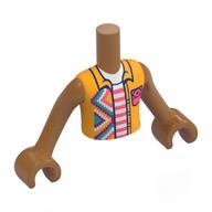 Minidoll Torso Boy with Medium Nougat Arms and Hands with Bright Light Orange Shirt, Dark Purple/Dark Turquoise/White/Coral Decorations, White/Coral Shirt print Medium Nougat
