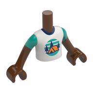 Minidoll Torso Boy with Orange Tent, Dark Blue Trees, Dark Turquoise Sky, Ground print, Reddish Brown Arms and Hands Reddish Brown
