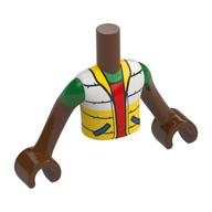 Minidoll Torso Boy with Reddish Brown Arms and Hands with White/Yellow Puffed Jackers, Bright Green Sleeves, Red Shirt print Rotbraun