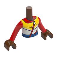 Minidoll Torso Boy with White/Yellow Shirt, Dark Red Strap, Sleeves, Blue Belt print, Reddish Brown Arms and Hands Rotbraun