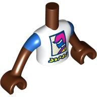 Minidoll Torso Boy with White Shirt with Magenta/Blue Decorations, Yellow Letters, Blue Sleeves print, Reddish Brown Arms and Hands Rotbraun