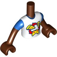 Minidoll Torso Boy with White Shirt, Yellow Pizza, 'ZZZ', Game Controller, Red Circle Arrow, Blue Sleeves print, Reddish Brown Arms and Hands Reddish Brown