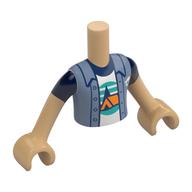 Minidoll Torso Boy with Sand Blue Jacket, Orange Tent, Dark Blue Trees, Dark Turquoise Sky, Ground print, Warm Tan Arms and Hands Warmes Beige