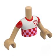 Minidoll Torso Boy with Warm Tan Arms and Hands with White Shirt, Red Sleeves, Pizza, Red/Bright Pink Squares print Warmes Beige