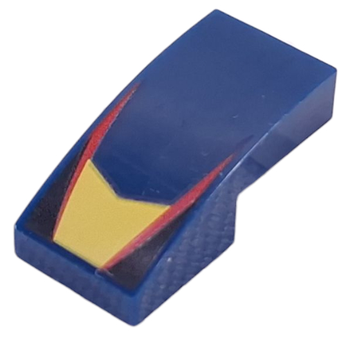 Brick Curved 2 × 1 No Studs with Yellow Shape, Red Lines, Black Triangles print Dark Blue