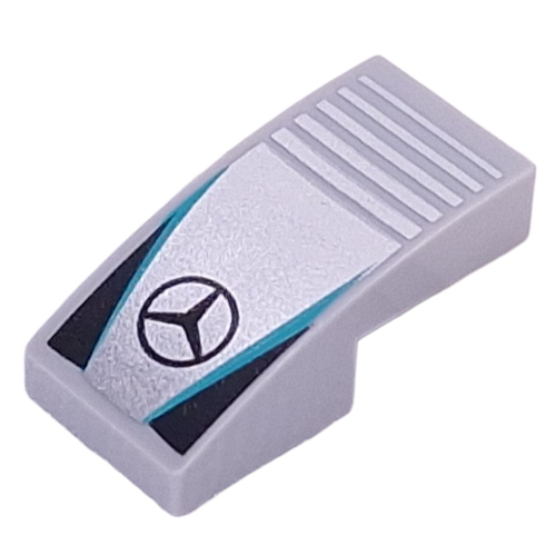 Brick Curved 2 × 1 No Studs with Mercedes Symbol, Dark Turquoise Lines, Black Triangles print Light Bluish Gray