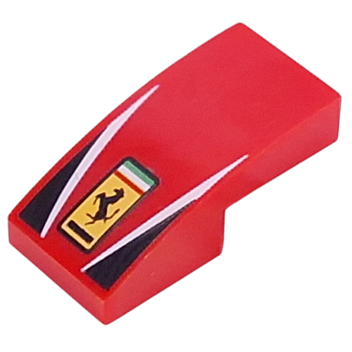Brick Curved 2 × 1 No Studs with Ferrari Logo, White Lines, Black Triangles print Red