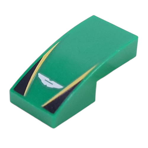 Brick Curved 2 × 1 No Studs with White Aston Martin Logo, Yellow Lines, Black Triangles print Grün