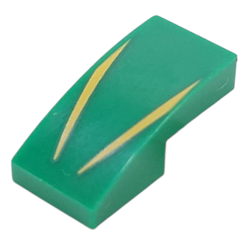 Brick Curved 2 × 1 No Studs with Yellow Lines print Green