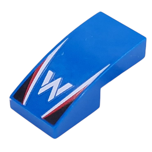 Brick Curved 2 × 1 No Studs with White 'W', White/Red Stripes, Black Triangles print Blue