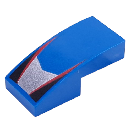 Brick Curved 2 × 1 No Studs with Red Stripes, Black Triangles, Silver Shape print Blau