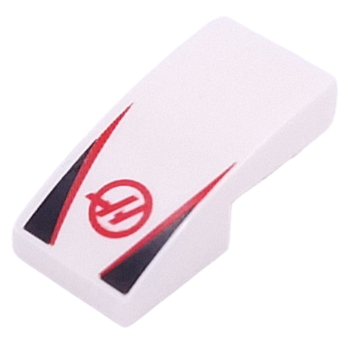 Brick Curved 2 × 1 No Studs with Red HAAS Logo, Red Strips, Black Triangles print Weiß