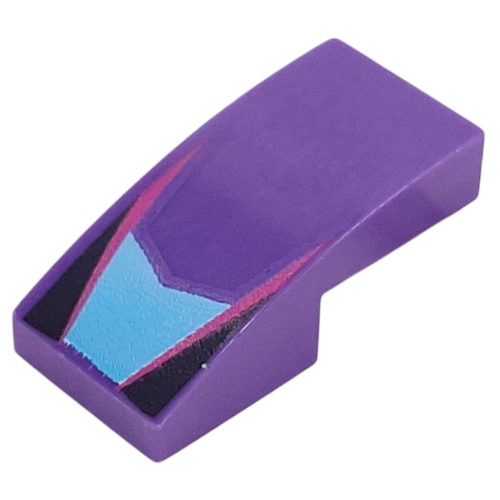 Brick Curved 2 × 1 No Studs with Medium Azure Shape, Magenta Lines, Black Triangles print Dunkellila