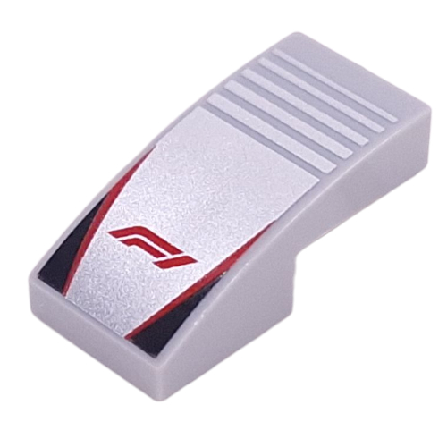 Brick Curved 2 × 1 No Studs with Red 'F1', Red Lines, Black Triangles on Silver Striped Background print Light Bluish Gray