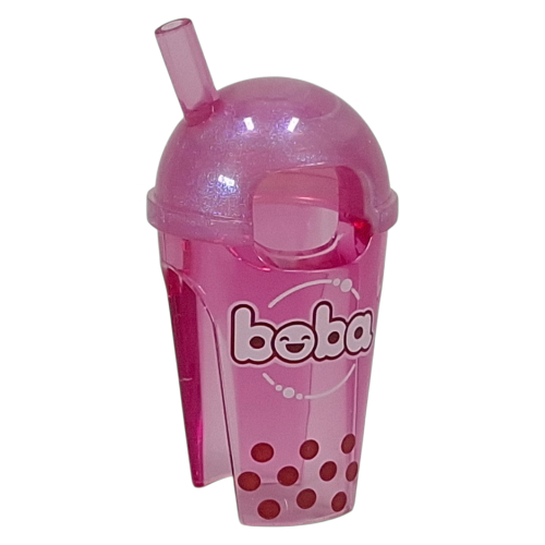 Costume Cup and Straw Suit with Opal-Trans Pink Lid, White 'boba', Dark Red Dots print Trans-Dark Pink