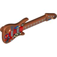 Musical Instrument Guitar Electric with Silver Strings, Frets, Black/White Squares, Face, Crossed Bones, Spider Face, Blue Dots, Red Board print Dunkelorange