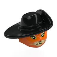 Minifig Head Special, Cat with Black Hat, Bright Green Eyes, Tan Nose, Black Whiskers print (Puss in Boots) Orange