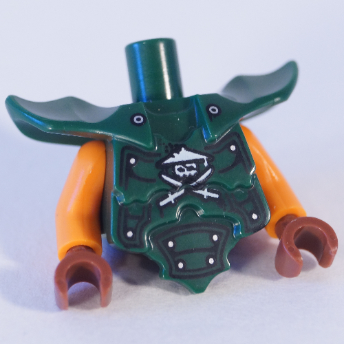 Torso with Molded Shoulder and Waist Extensions, Rivets and Ninja Skull with Crossed Swords Print, Orange Arms, Reddish Brown Hands Dark Green