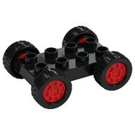 Duplo Car Base 2 × 4 with Fixed Axles - 27.5 Black Tires & Red Wheels Black