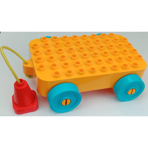 Duplo Car Base 6 × 10 × 1 1/2 with Medium Azure Wheels, Green String and Red Handle Cone Leuchtendes Hellorange