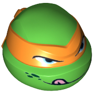 Minifig Head Special, Ninja Turtle with Orange Mask and Tongue Out Print (Michelangelo) Hellgrün
