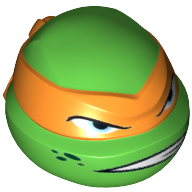 Minifig Head Special, Ninja Turtle with Orange Mask and Scowl Print (Michelangelo) Bright Green