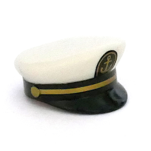 Hat, Captain's Cap with Black Visor, Anchor and Gold Braid Print White