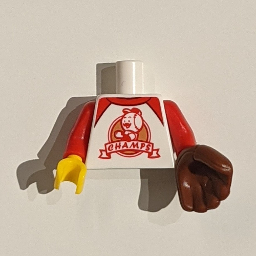 Torso Baseball Shirt with 'CHAMPS' Print, Red Arms, Yellow Right Hand, Left Reddish Brown Baseball Glove Weiß