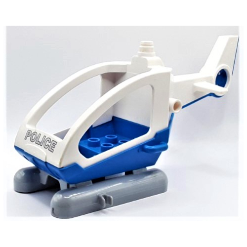 Duplo Helicopter Body with Cabin, and Fixed Skids, with Blue Base and 'POLICE' Print Weiß