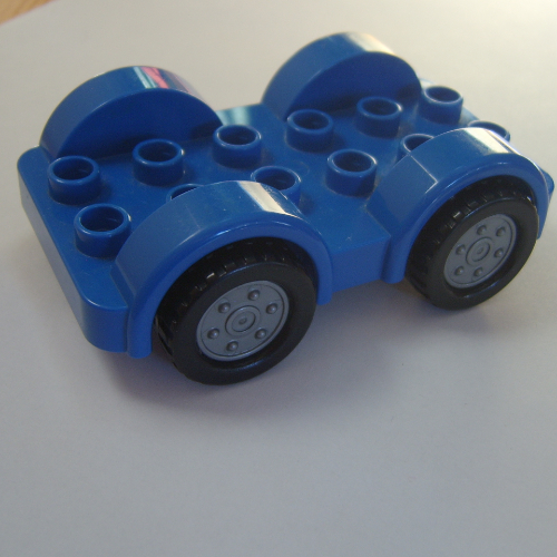 Duplo Car Base 2 × 6 with Four Black Tires and Metallic Silver Wheels on Removable Axles Blue