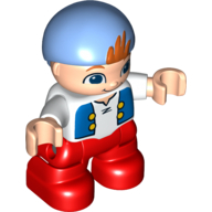 Duplo Figure Child with Bandana Medium Blue, with White Top with Blue Vest Print, Light Nougat Face and Hands, Red Legs (Cubby) Weiß