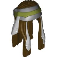 Hair Long with Feathers and Light Bluish Gray / Olive Green Bandana Print Dark Brown