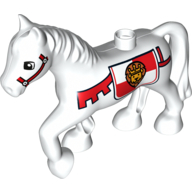 Duplo Tier Pferd mit einer Noppe und erhobenem Huf mit rotem Zaumzeug & Löwe auf Schild (bedruckt)