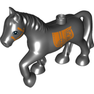 Duplo Animal Horse with one Stud and Raised Hoof with Dark Orange Bridle & Saddle Print Black