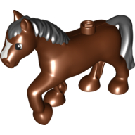 Duplo Animal Horse with one Stud and Raised Hoof with White Blaze and Black Mane Print Reddish Brown