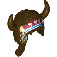 Headdress American Indian with Horns, Long Braided Hair, and Tribal Headband with Tassels Print Dark Brown