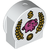 Duplo Brick 1 × 3 × 2 Round Top, Cut Away Sides with Piggybank, '$', and Coin Print White
