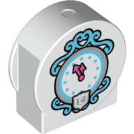 Duplo Brick 1 × 3 × 2 Round Top, Cut Away Sides with Dark Azure & Silver Clock Face, Dark Pink Clock Hands, with 'C' in Shield Print White