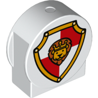 Duplo Brick 1 × 3 × 2 Round Top, Cut Away Sides with Shield with Lion Red/White Print Weiß