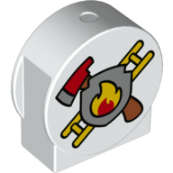 Duplo Brick 1 × 3 × 2 Round Top, Cut Away Sides with Axe, Ladder, and Fire (Fire Logo) Print Weiß