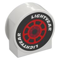 Duplo Brick 1 × 3 × 2 Round Top, Cut Away Sides with Black Tire, Red Rim, 'LIGHTYEAR' print Weiß