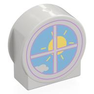 Duplo Brick 1 × 3 × 2 Round Top, Cut Away Sides with Window and Sun Print Weiß