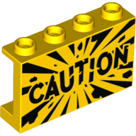 Panel 1 × 4 × 2 - Hollow Studs with Side Supports with 'CAUTION' Print Gelb