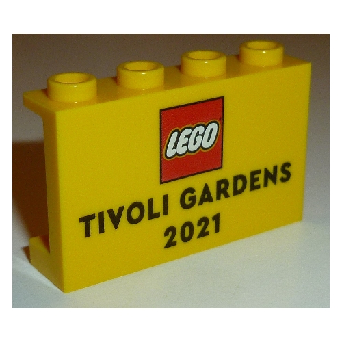 Panel 1 × 4 × 2 with Side Supports - Hollow Studs with 'Tivoli Gardens 2021' print Yellow
