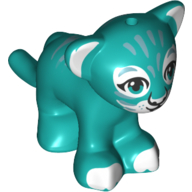 Animal, Big Cat Cub, Lion with Dark Turquoise Eyes, White Paws/Nose and Sand Blue Pattern Print in Dark Turquoise