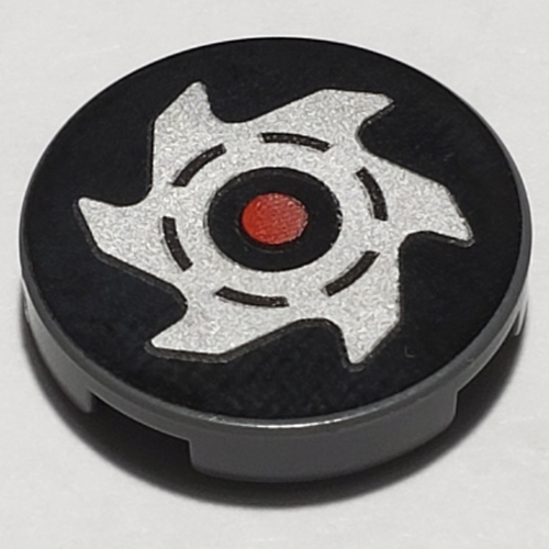 Tile Round 2 × 2 with Silver Star, Red Dot / Black/Red Nindroid Logo Print Dark Bluish Gray